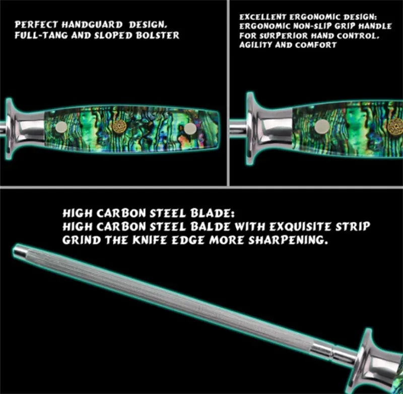 Household manual knife sharpener with high carbon steel blade and abalone shell handle.
