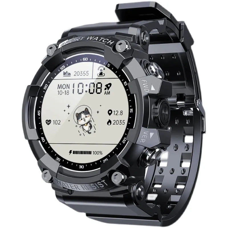 IP67 waterproof Bluetooth sports watch with round colour touchscreen on wrist showing health metrics