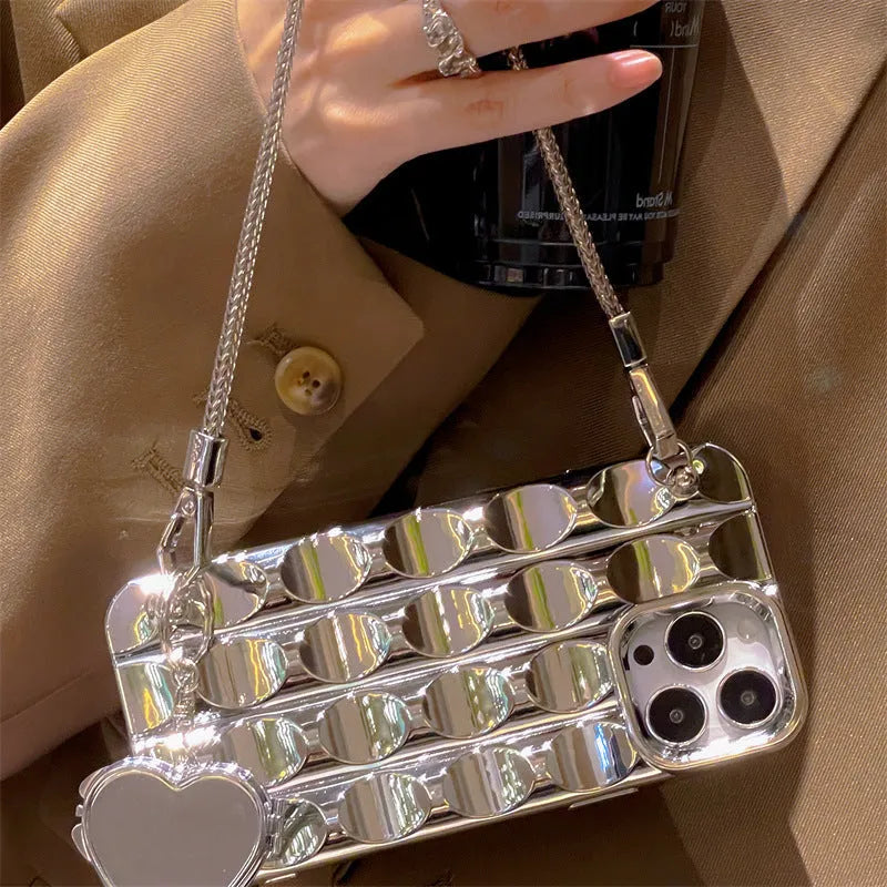 Electroplated silver heart-shaped mirror chain phone case for iPhone, concave-convex fine silver finish on a silicone back