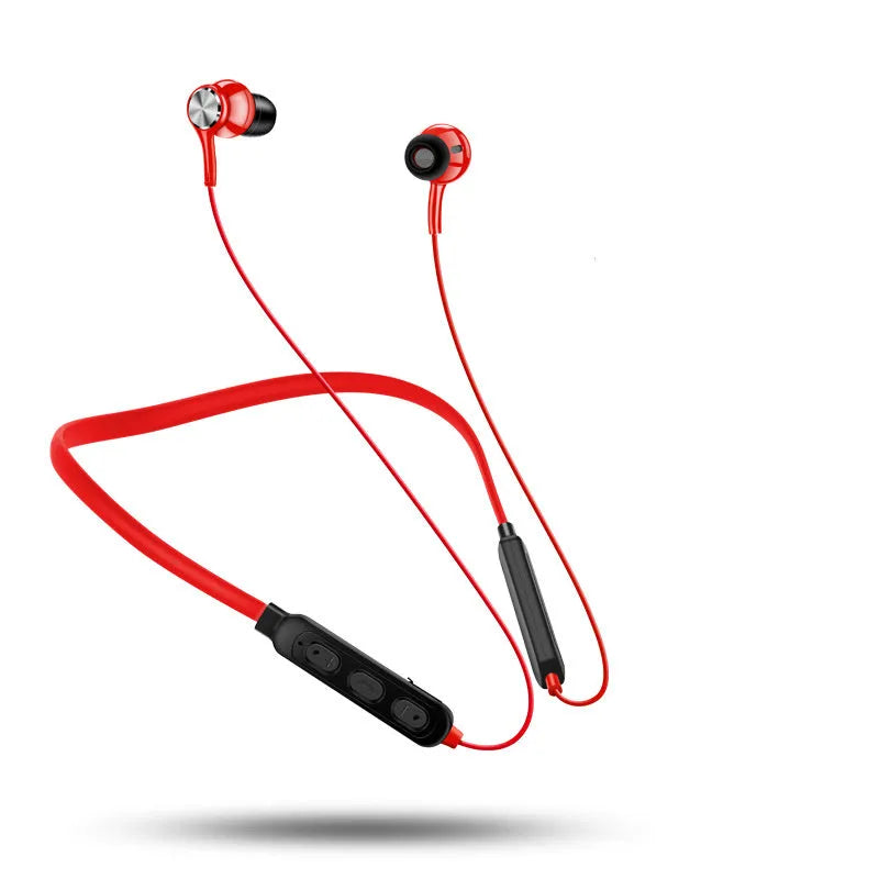 G03 neckband sports Bluetooth earphones in black, red, and white colour options showing the over-the-neck design.