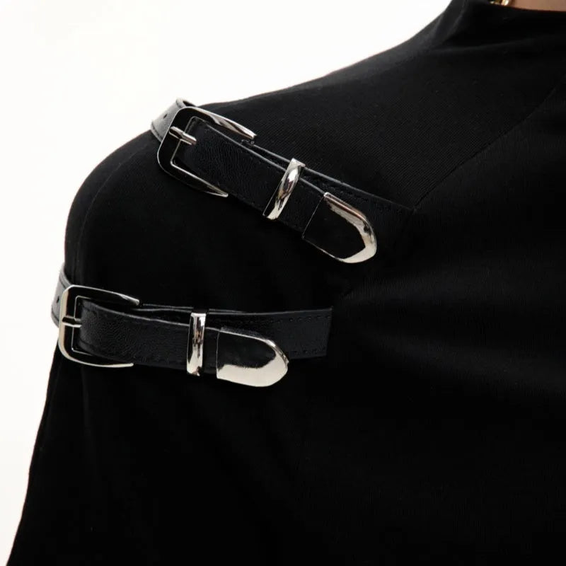 Men's slim fit black cotton short sleeve t-shirt with metal belt detail and stand-up collar.