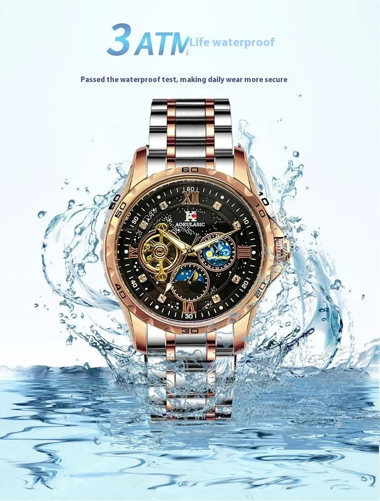 Rose gold automatic men's watch with large black dial and stainless steel case