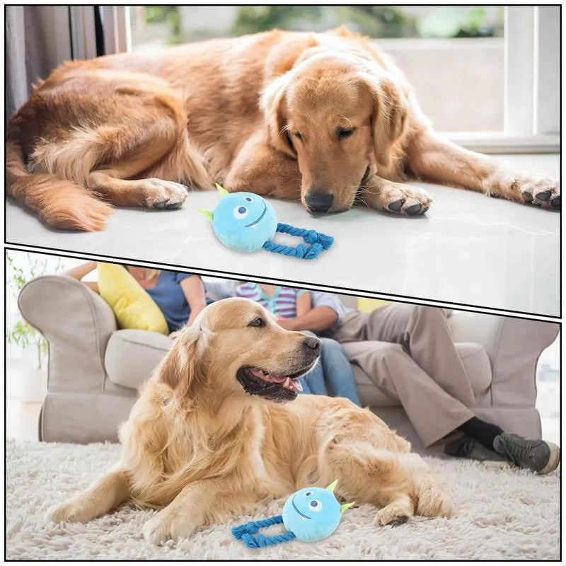 Blue and yellow dog squeaky toys with strong knot design for chewable teething and interactive play