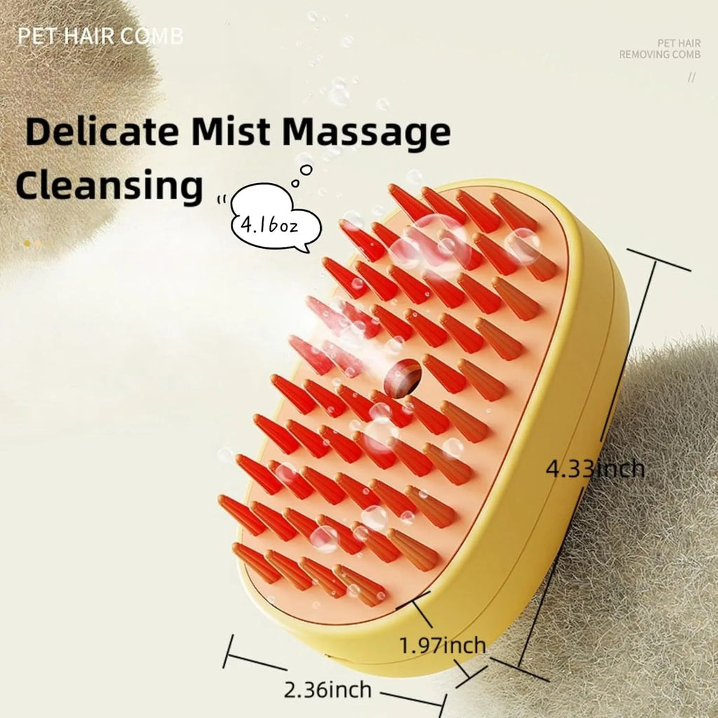 White rechargeable silicone steam brush for grooming dogs and cats on a table.