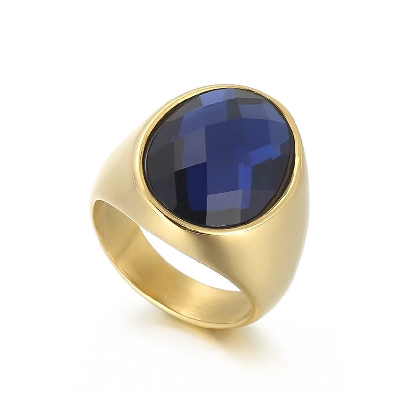 Stainless steel geometric oval ring for women with retro electroplated finish on plain background