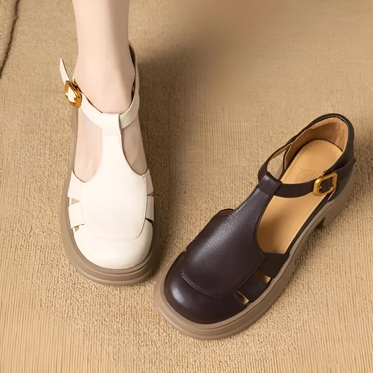 Women's retro chunky platform ankle-strap high heels in beige or dark brown, mid 3-6cm heel, sizes 35-39