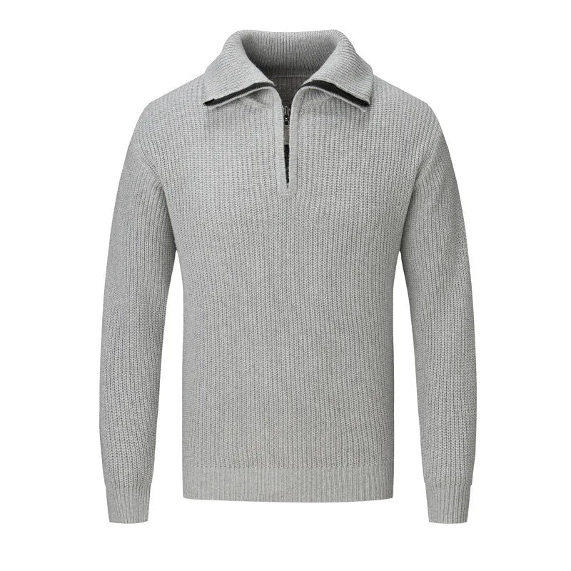 Men's slim fit solid colour pullover sweater in a grey shade, laid flat.
