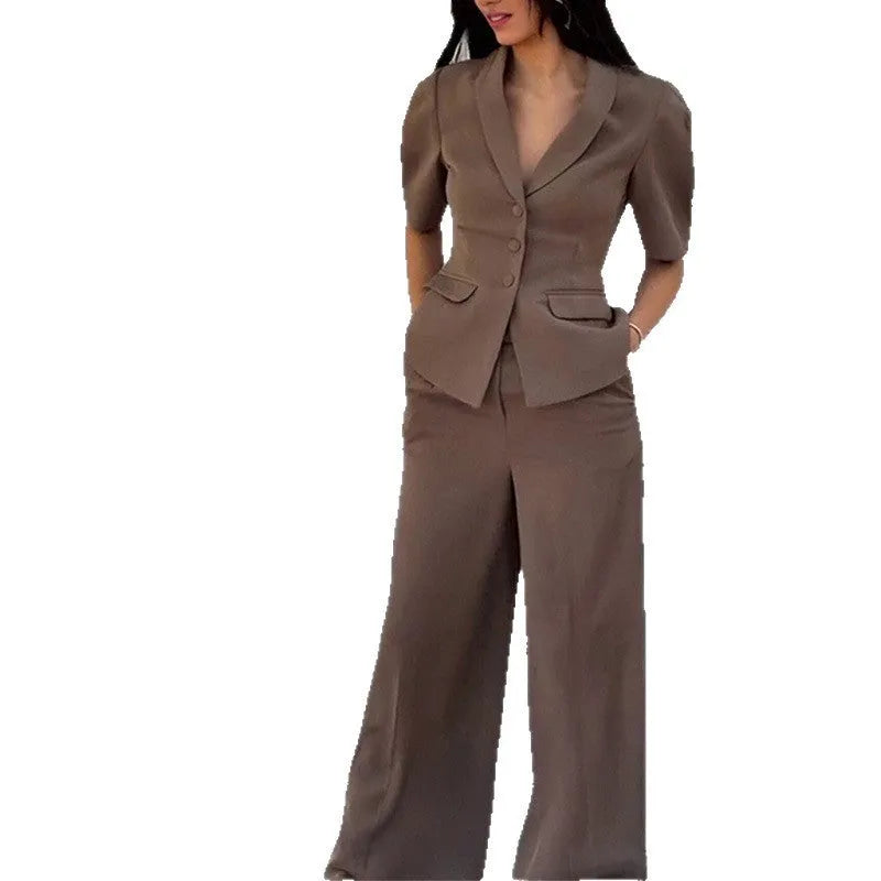 Brown polyester slim fit waist top and trousers suit for men with long sleeves