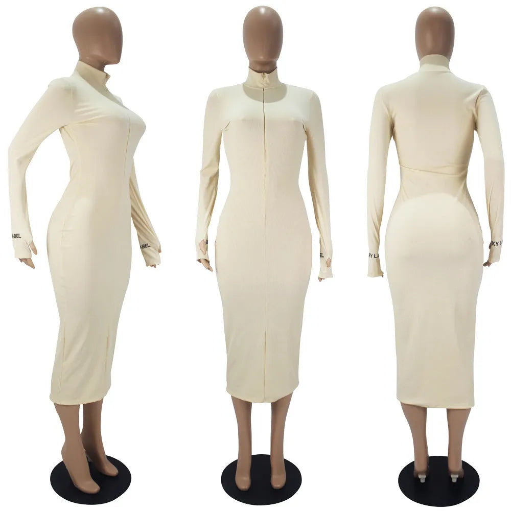 Casual polyester long sleeve A-line dress with sunken stripe and letter embroidery in black, front view