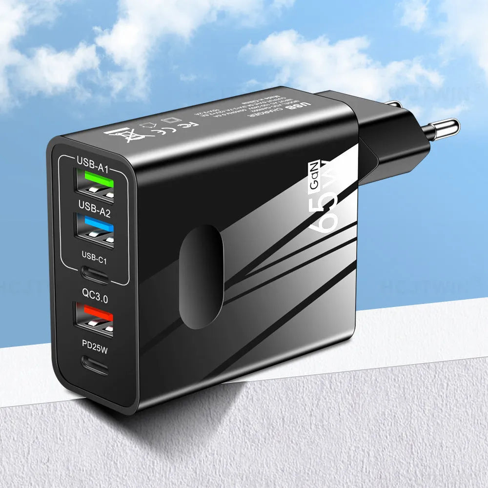 Fast charging Type-C PD three USB multi-port travel charger with EU UK US plug adapters in black