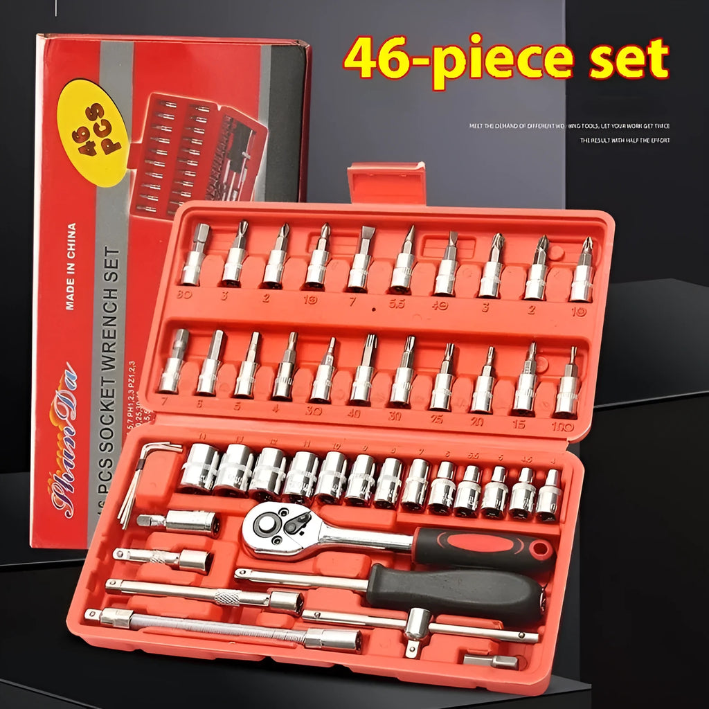 Red and black storage box containing a 53-piece socket wrench and ratchet spanner set for household maintenance