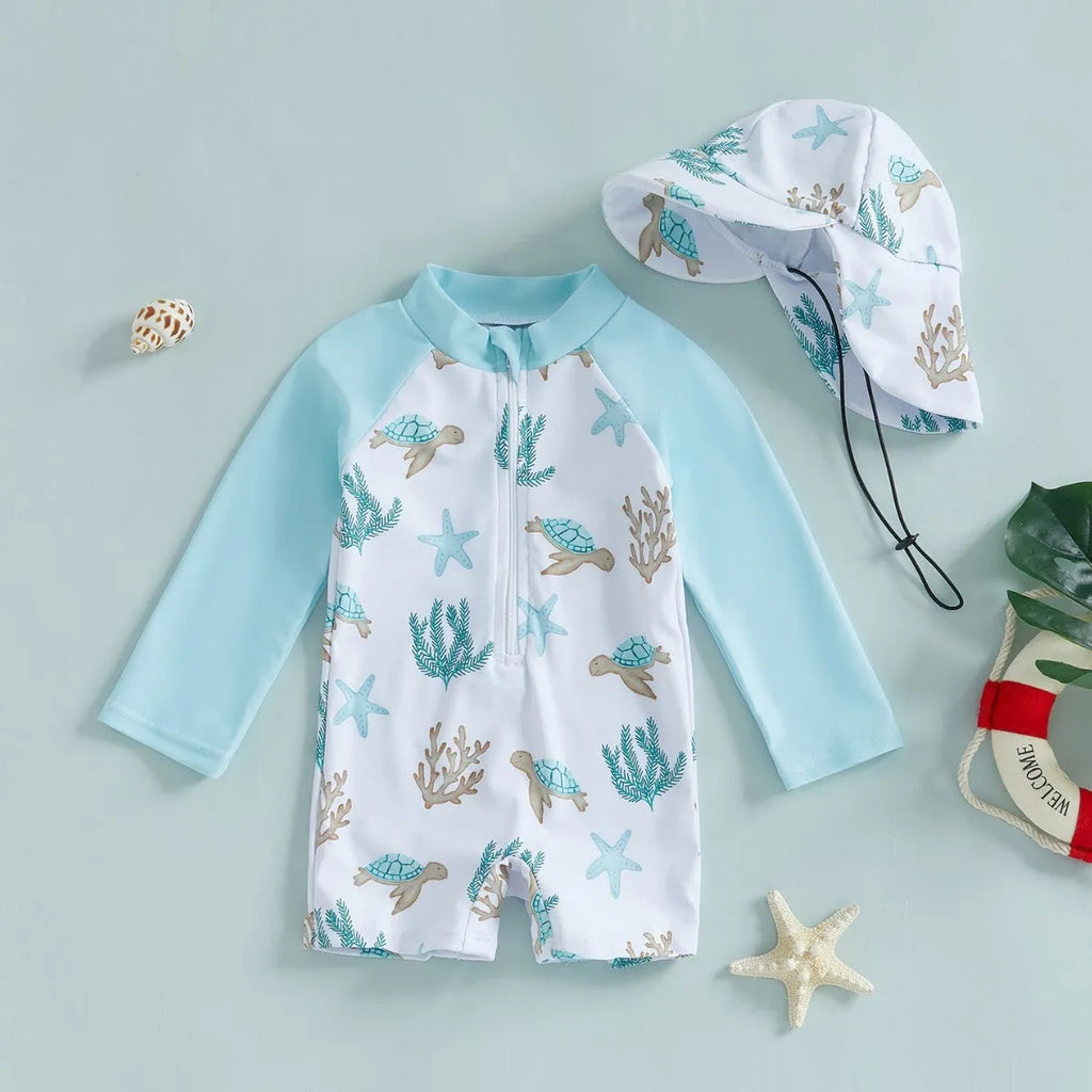Baby wearing a dinosaur light green sleeve one-piece long sleeve swimsuit