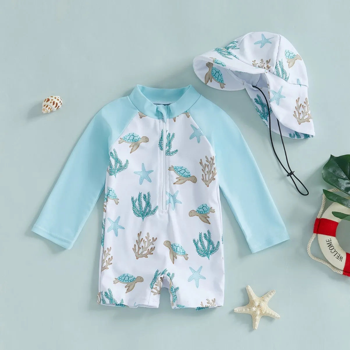 Baby wearing a dinosaur light green sleeve one-piece long sleeve swimsuit