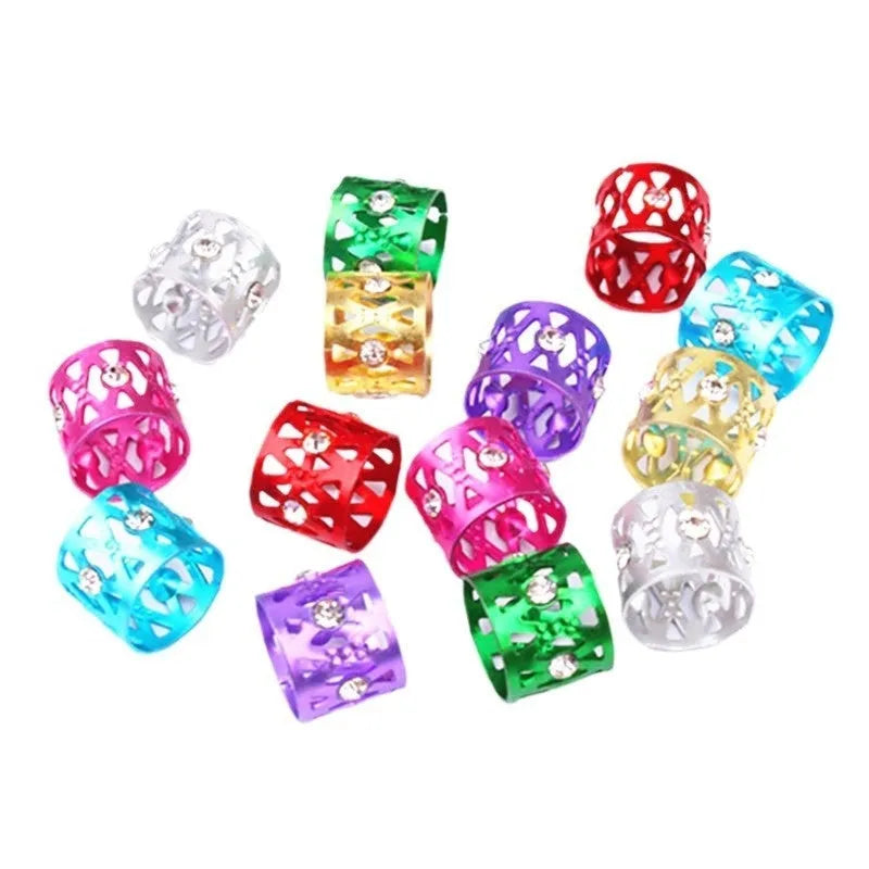 Aluminium hair ring in seven colours with hollow design featuring crown and heart shape decorations