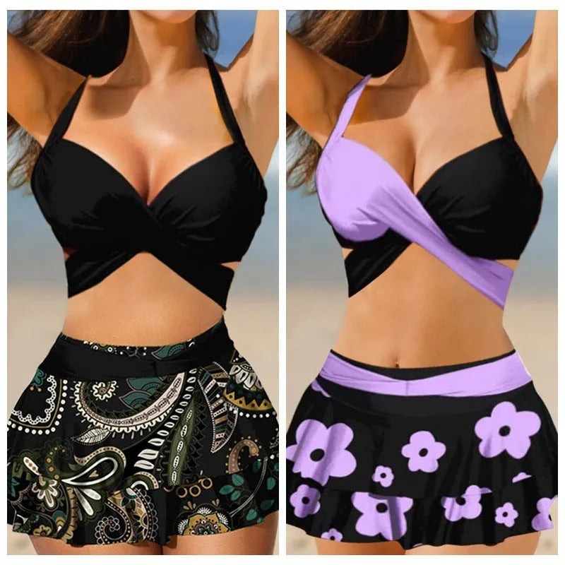 Women's purple lace-up bikini top and matching split skirt swimsuit set.