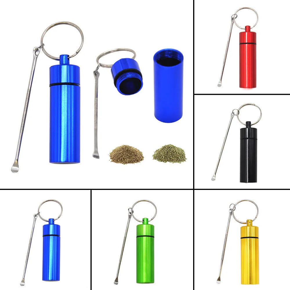 Aluminium medicine storage bottle with spoon and keychain in five colour options