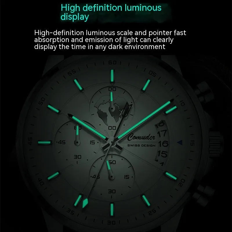 Men's full-automatic waterproof watch with 8mm leather strap, luminous calendar display, silver or rose shell, black or white dial.