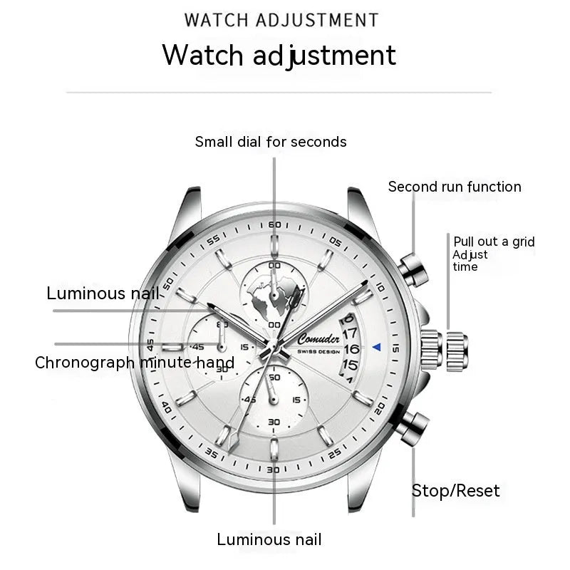 Men's full-automatic waterproof watch with 8mm leather strap, luminous calendar display, silver or rose shell, black or white dial.