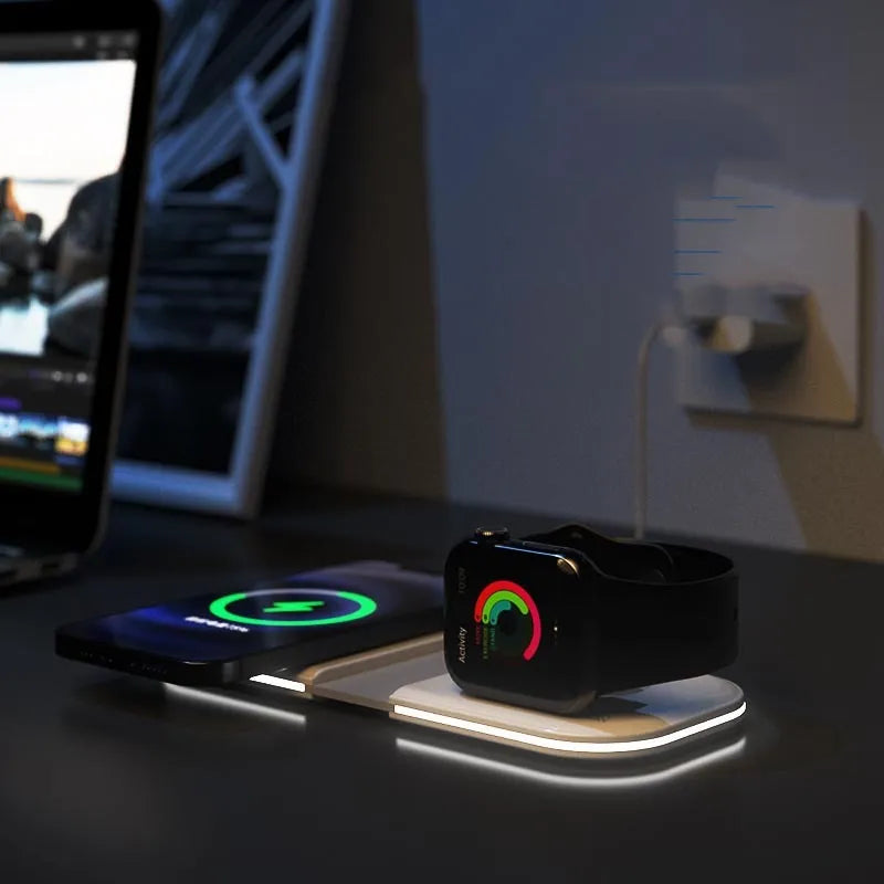 White folding dual magnetic desktop wireless charger with two USB Type C ports on a desk
