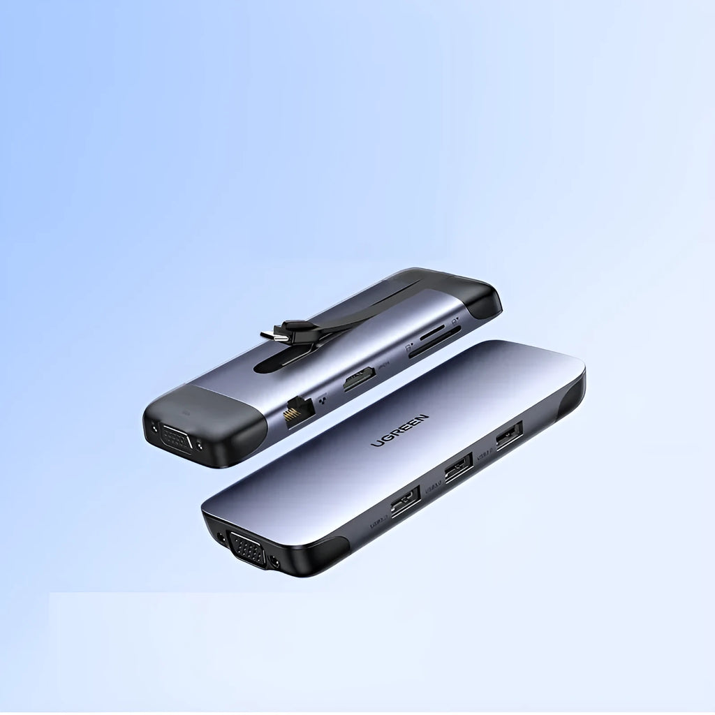 A compact USB-C docking station hub with ports for HDMI, VGA, Ethernet, USB 3.0, and power delivery.