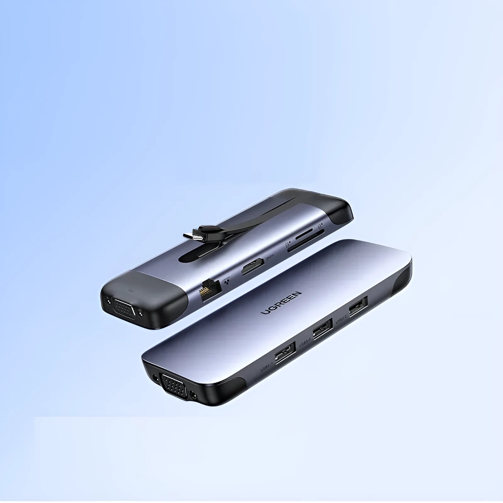 A compact USB-C docking station hub with ports for HDMI, VGA, Ethernet, USB 3.0, and power delivery.