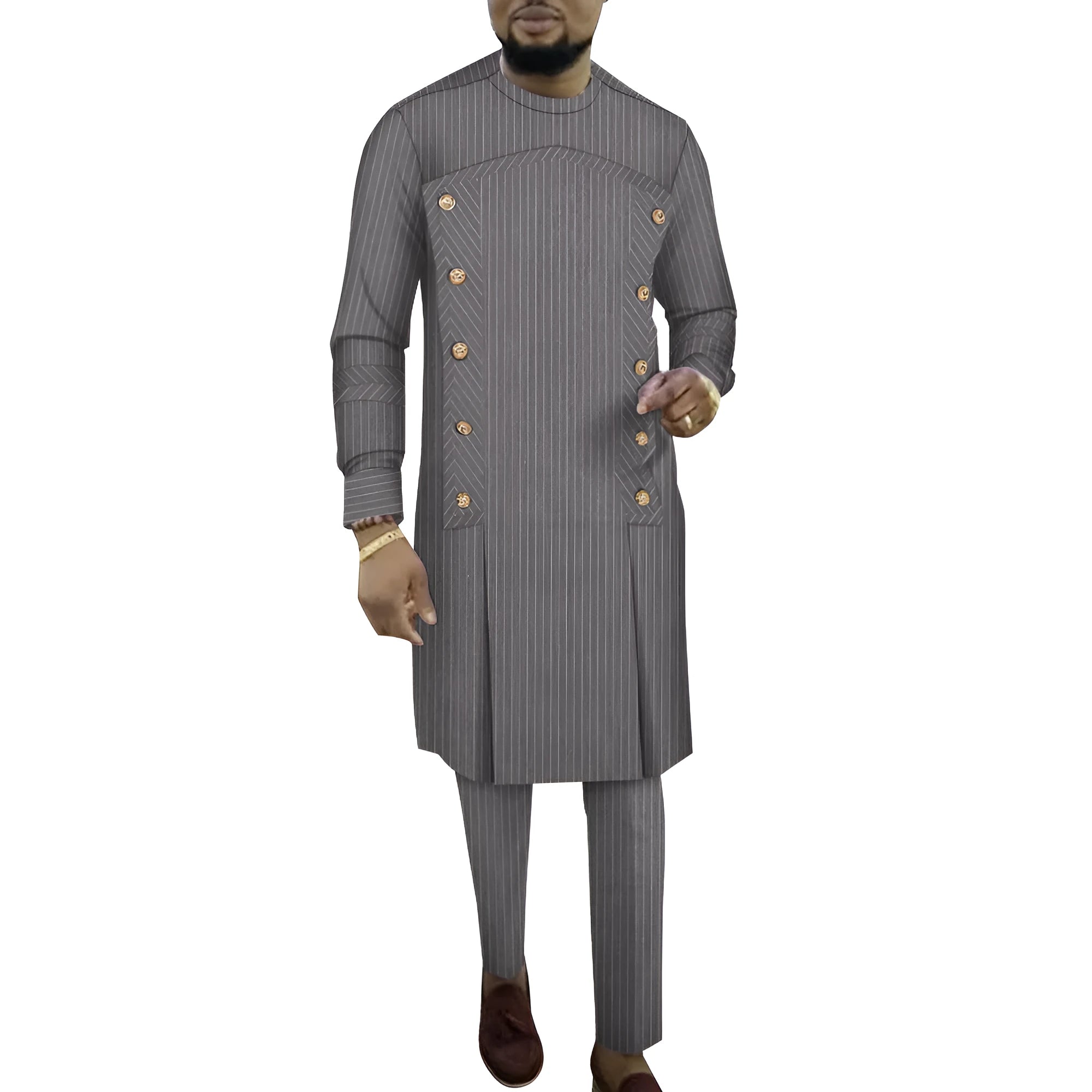 African men's striped cotton robe two-piece set showing long sleeve top and trousers in six colour variations