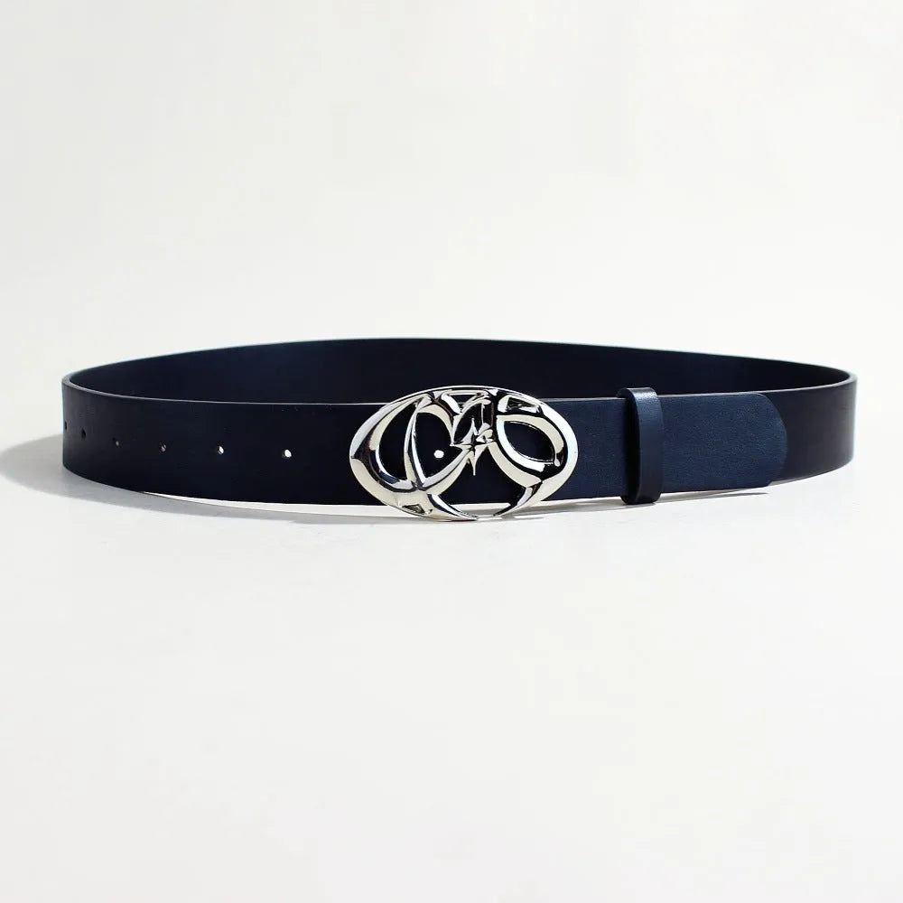 Casual silver buckle belt in PU leather with snap button fastening, showing 3.3cm width and 105cm length