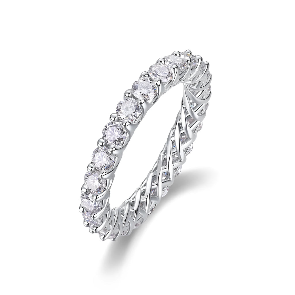 Rose moissanite wedding ring in platinum-plated S925 silver, on display with GRA certificate and gift box