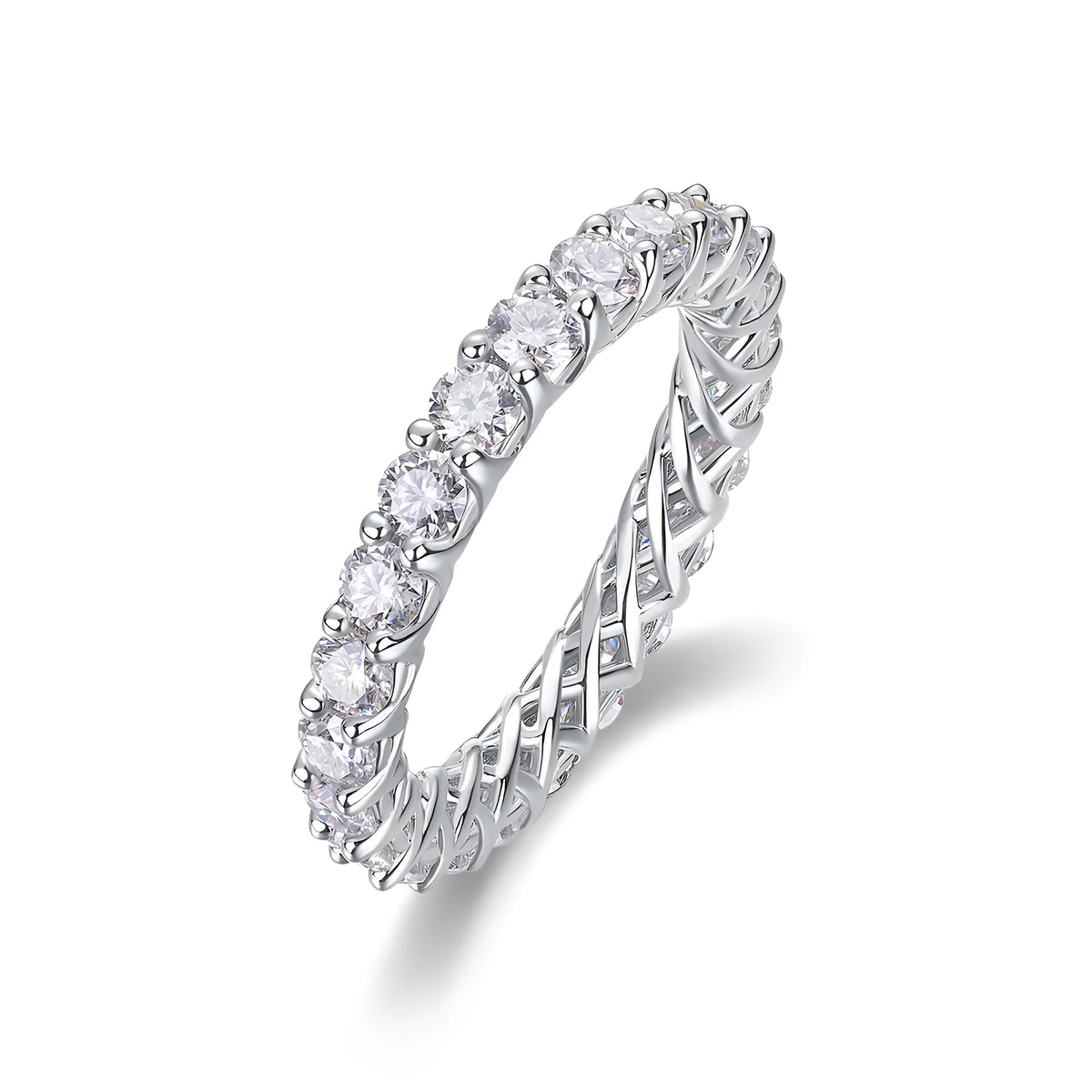 Rose moissanite wedding ring in platinum-plated S925 silver, on display with GRA certificate and gift box