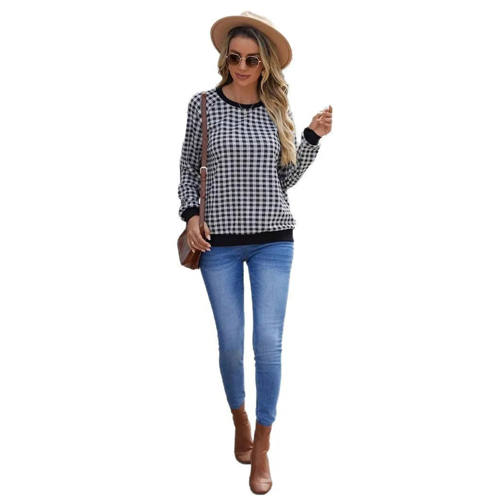 Black polyester pullover sweater with Japanese plaid printed pattern and regular long sleeves