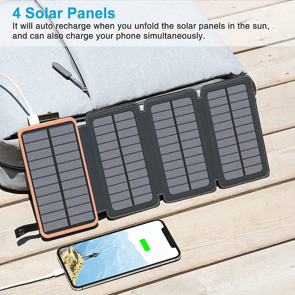 Solar power bank with monocrystalline panel showing black, blue, green, and orange colour options
