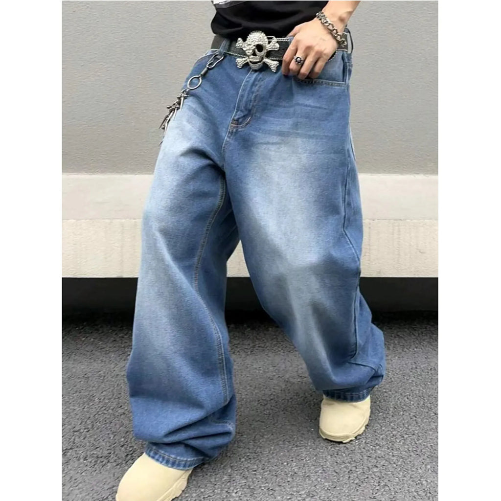 Men's sky blue straight loose jeans in cotton denim with zip fly, front view