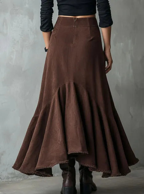 Western brown high-low maxi skirt with ruffle accents in eco suede-look polyester fabric