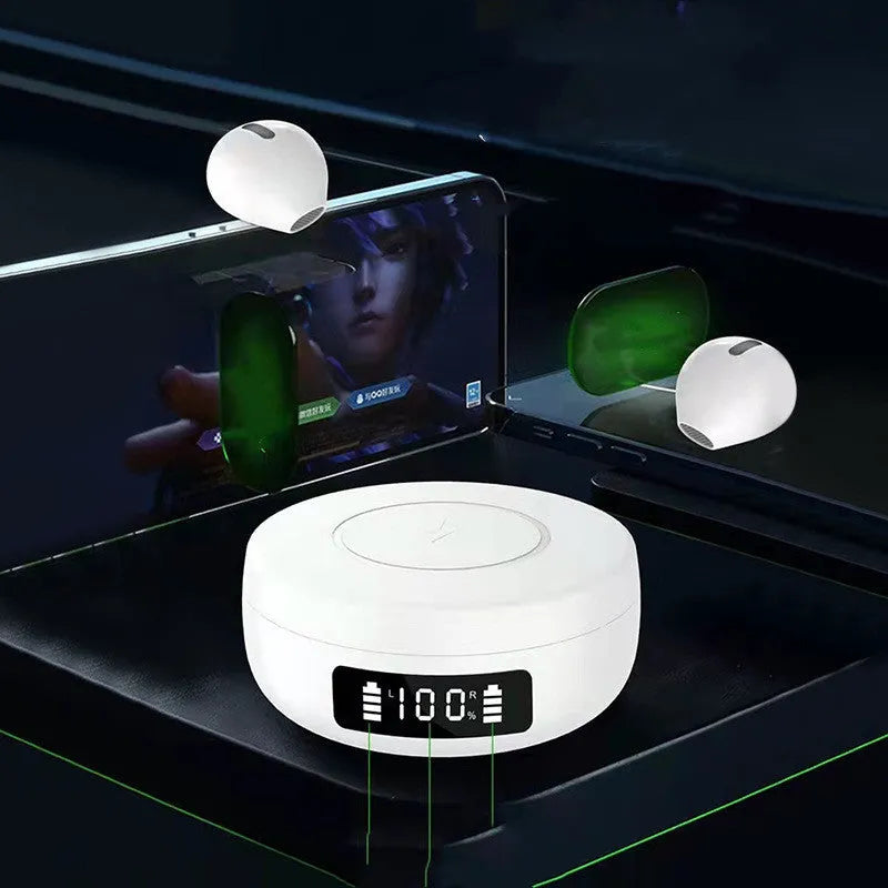 Mini semi-in-ear wireless headphones with a charging case in black, white, and coloured variants.