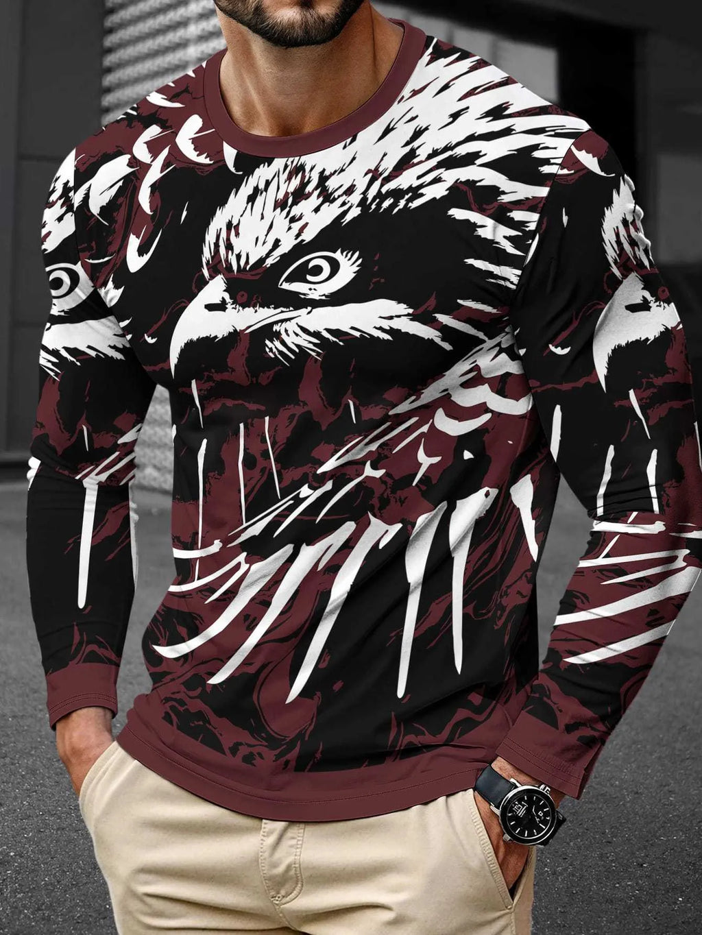 Man wearing a simple long sleeve round neck milk silk pullover in a casual setting.