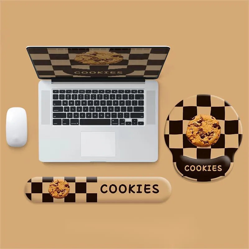 Cartoon cheese mouse pad with wrist strap support on a desk, featuring milk silk fabric and rubber base