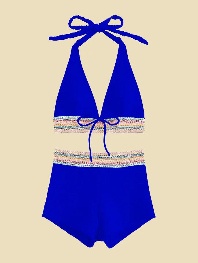 Women's high waist split leg bikini swimsuit in coral colour.