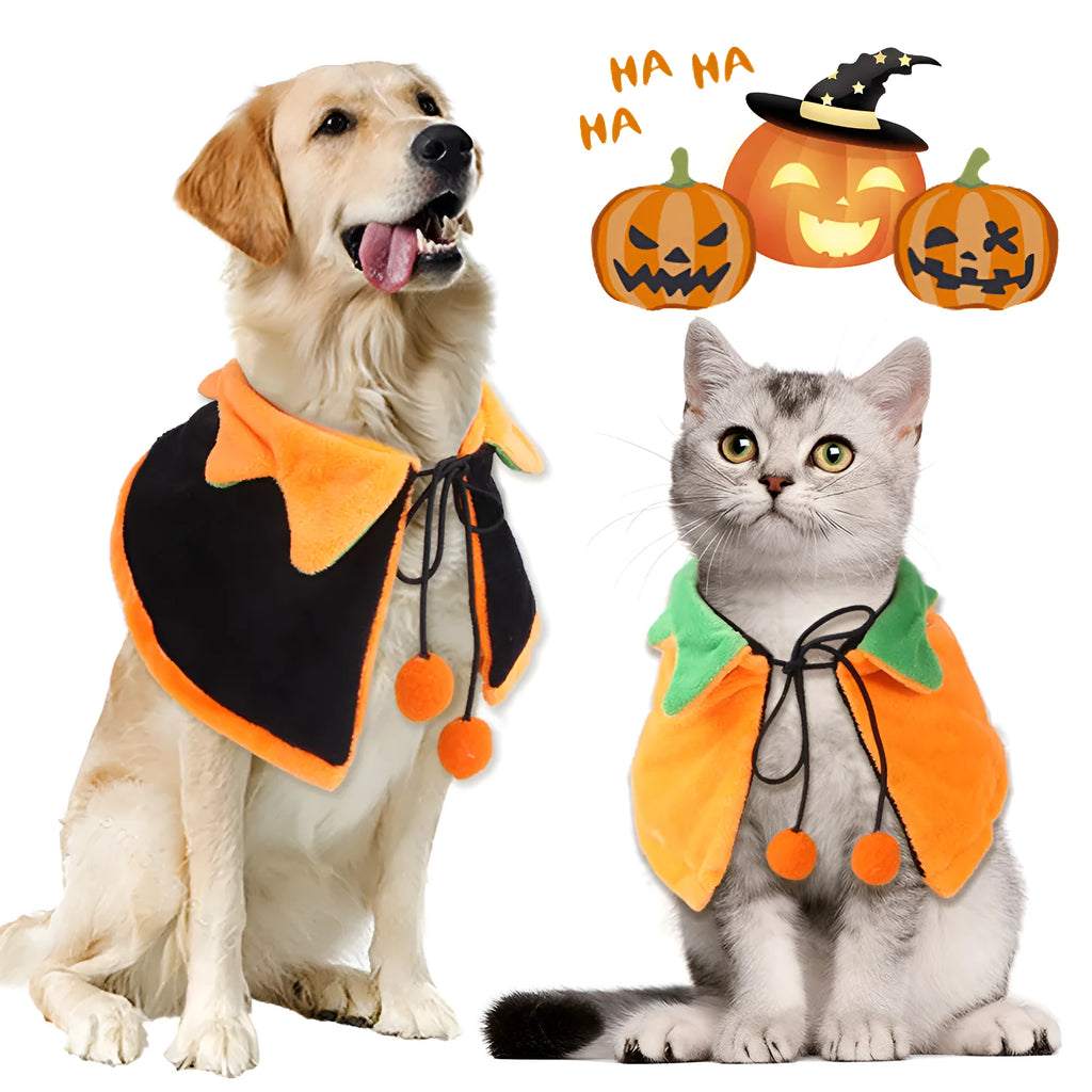 Halloween pumpkin design pet cloak for dogs and cats in plush fabric with double-sided construction