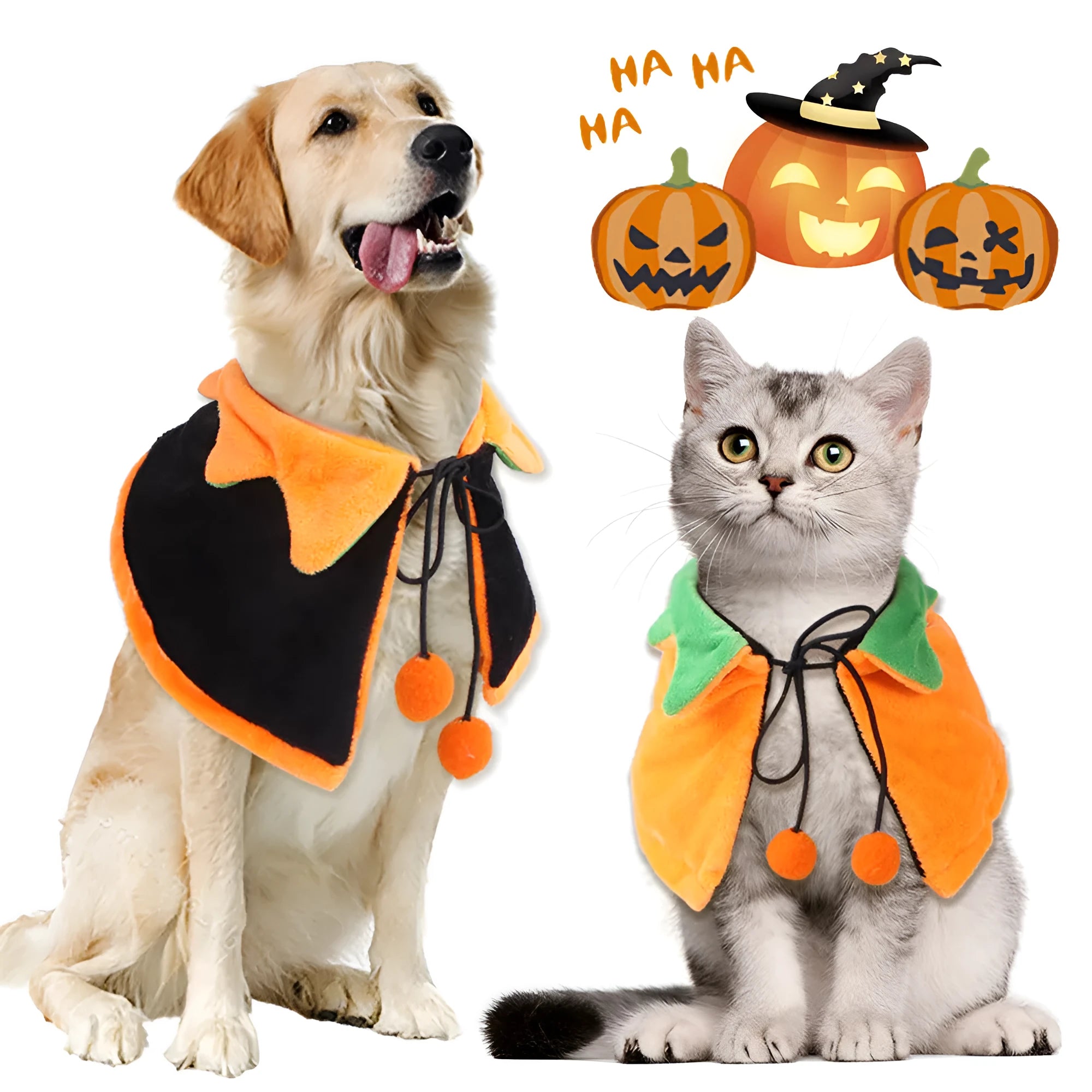 Halloween pumpkin design pet cloak for dogs and cats in plush fabric with double-sided construction