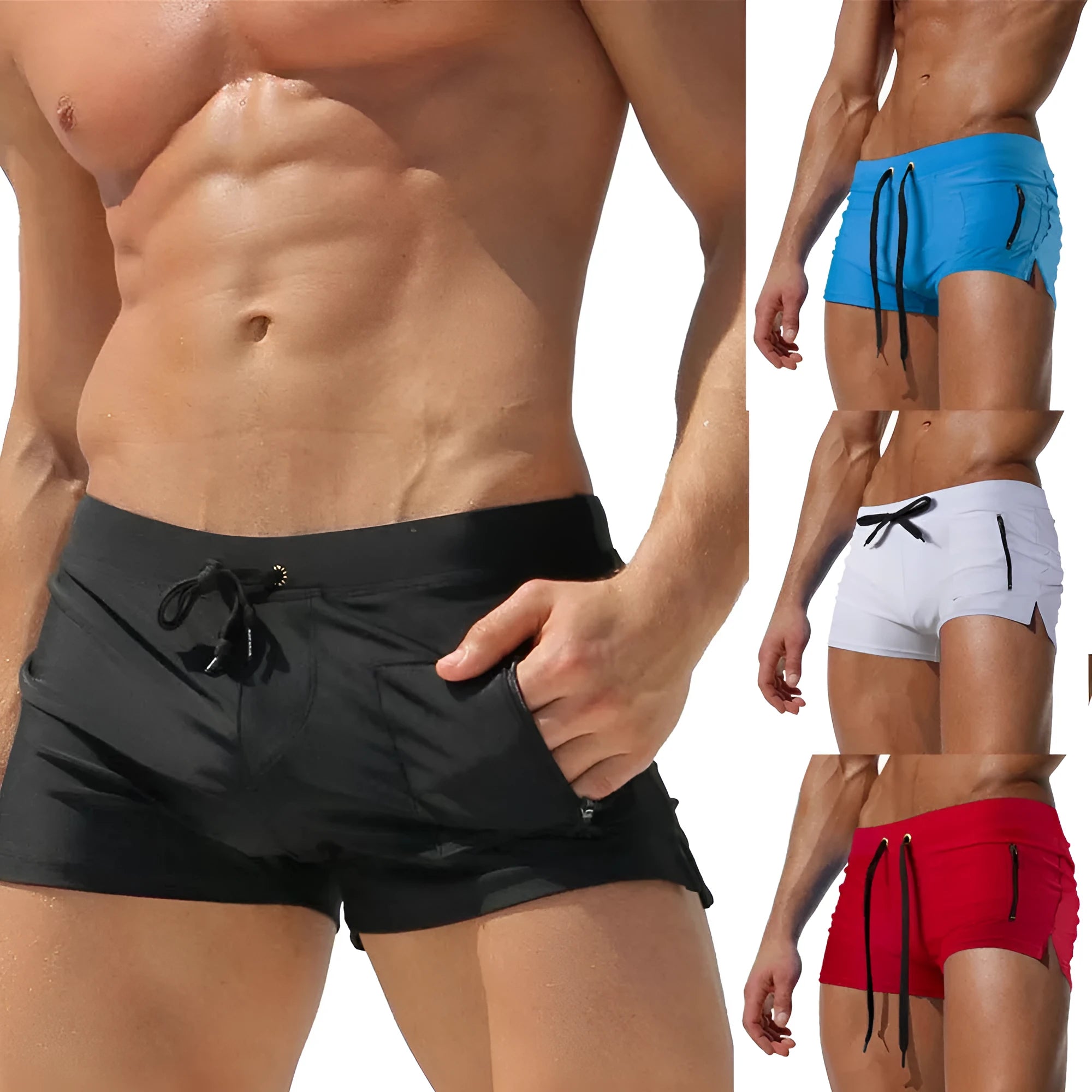 Men's black high waist swimming trunks with a white lace-up front closure.