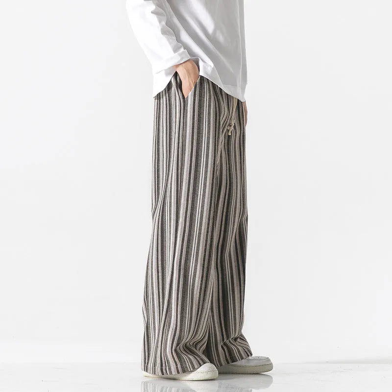 Vintage stripe loose straight leg trousers in cotton blend fabric on a mid-rise waist.