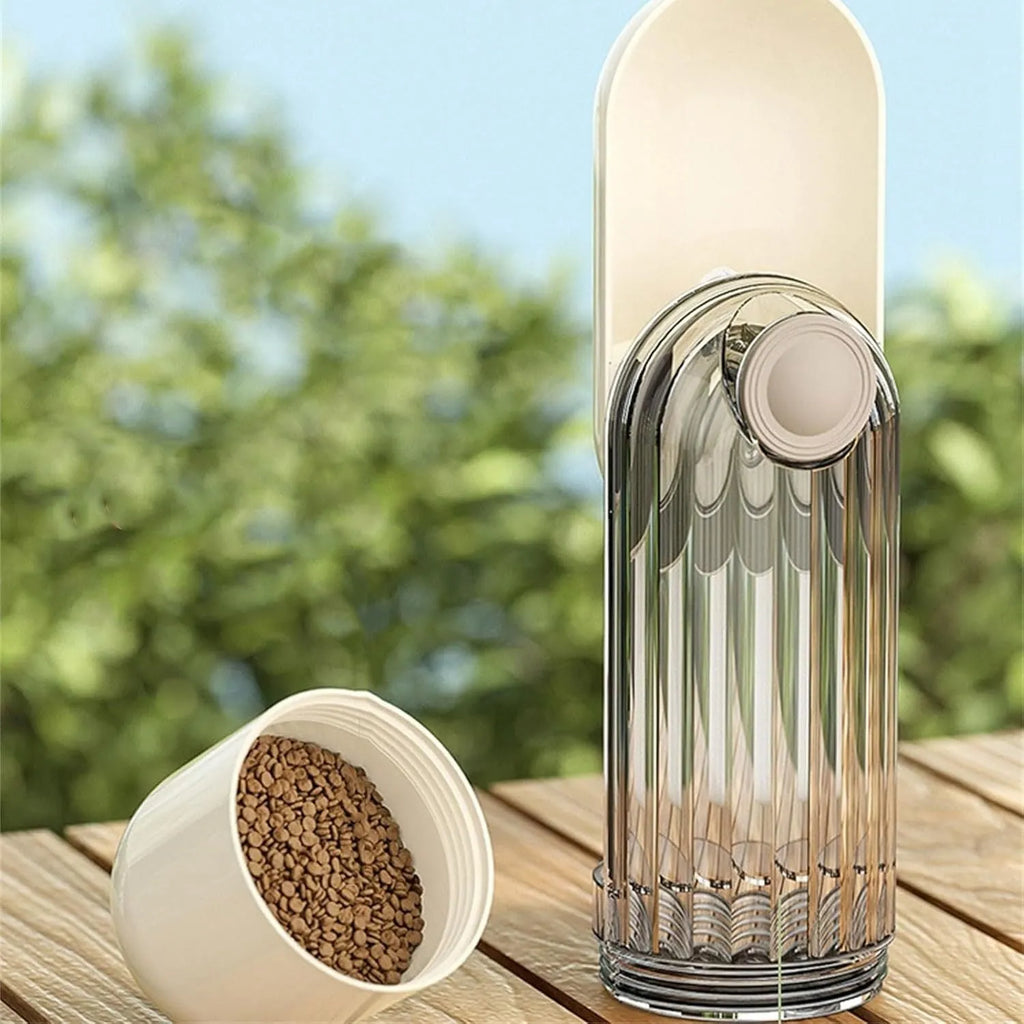 Beige foldable dog water bottle with food dispenser base for outdoor walking and travel