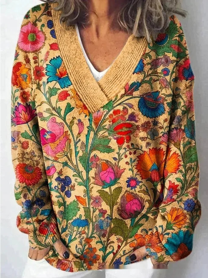 Women's V-neck long sleeve sweatshirt with a 3D floral print pattern.