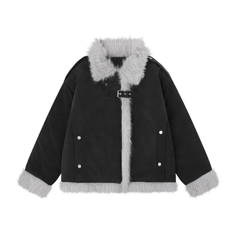 Women's loose fit American-style retro lamb wool coat in black polyester fibre, size S to XL