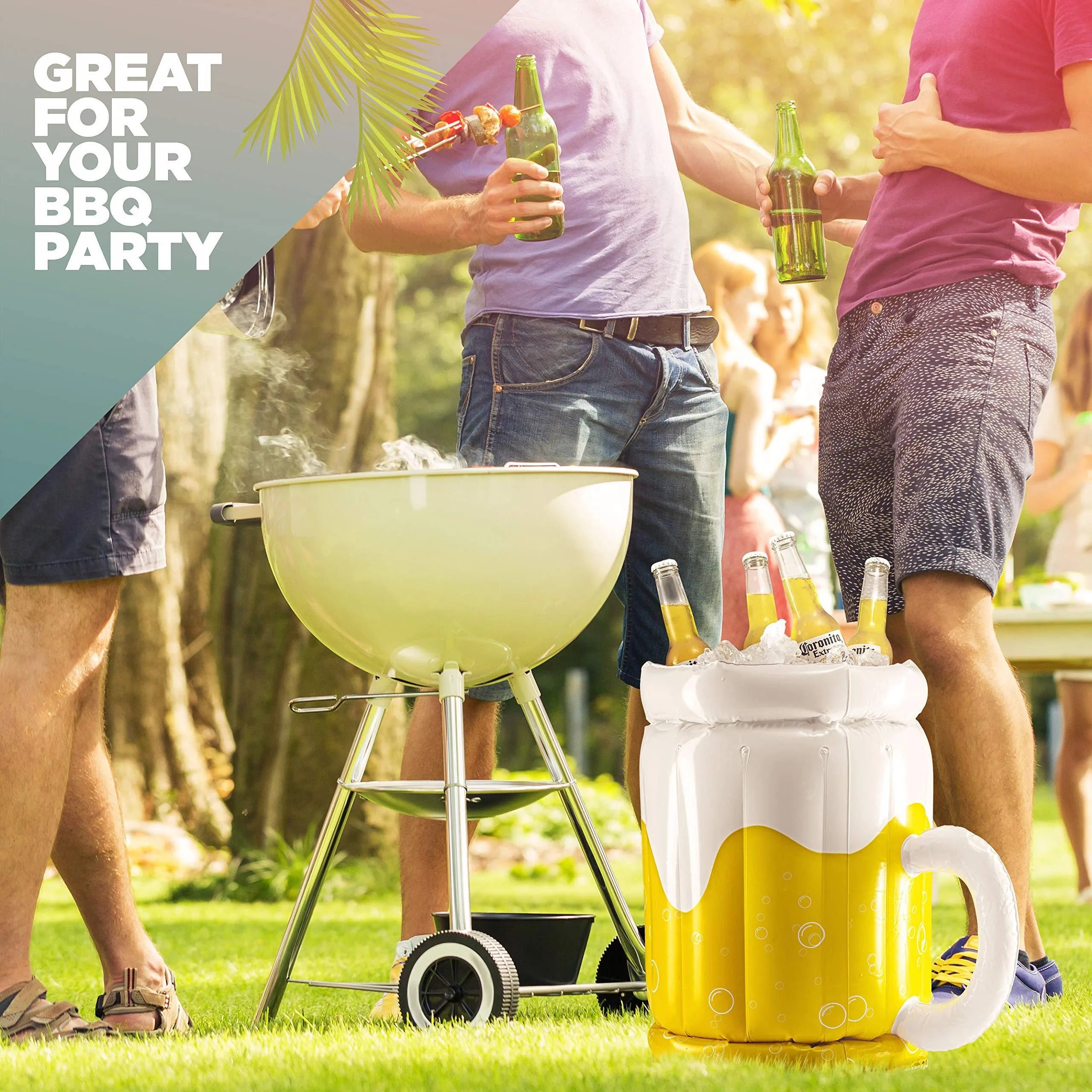 Yellow PVC inflatable beer mug shaped pool float cooler with drink holders
