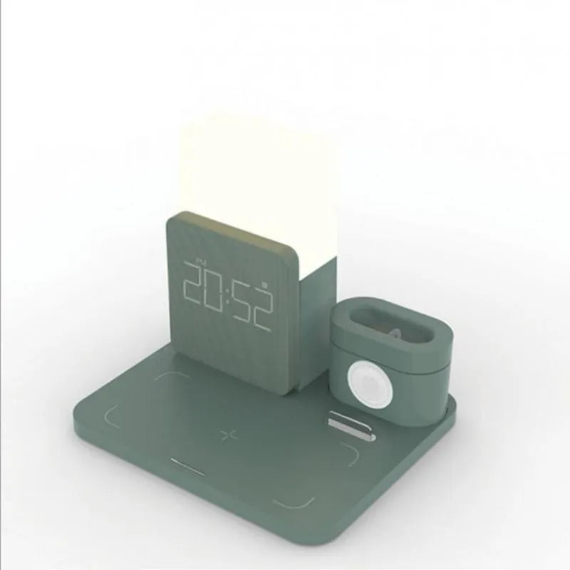 A folding 3-in-1 wireless charger stand for an iPhone, Apple Watch, and AirPods in dark green