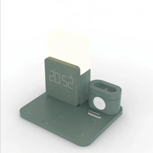 A folding 3-in-1 wireless charger stand for an iPhone, Apple Watch, and AirPods in dark green