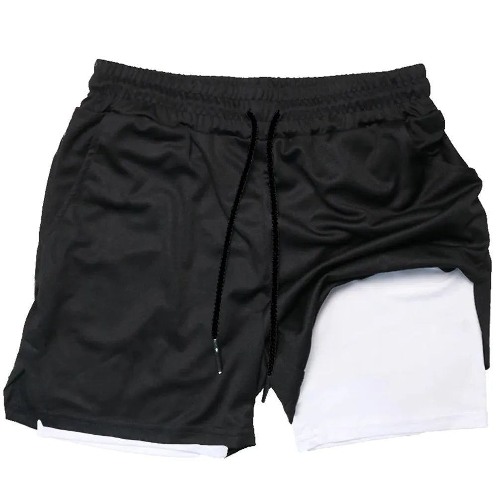 Men's camouflage pattern double-layer sports shorts in quick-dry fabric on a plain background.