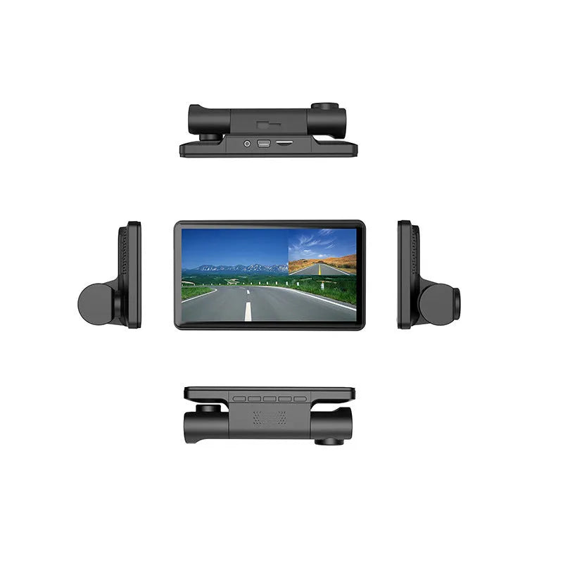 Black three-lens dashcam with 4-inch touch screen for front and rear car recording