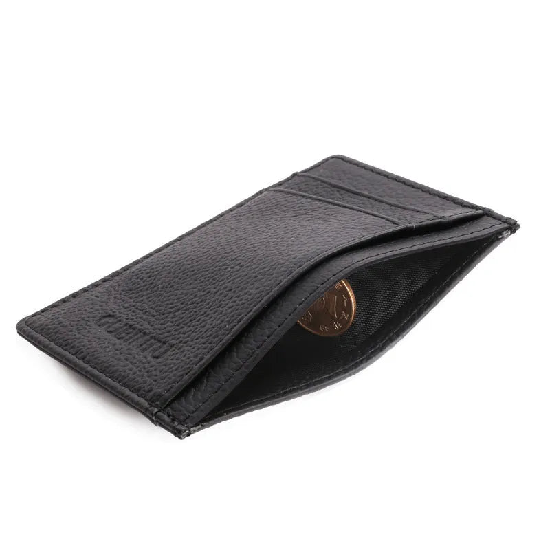 Men's creative genuine leather card holder in dark brown solid colour, slim profile with card slots, 7.8cm by 10.7cm